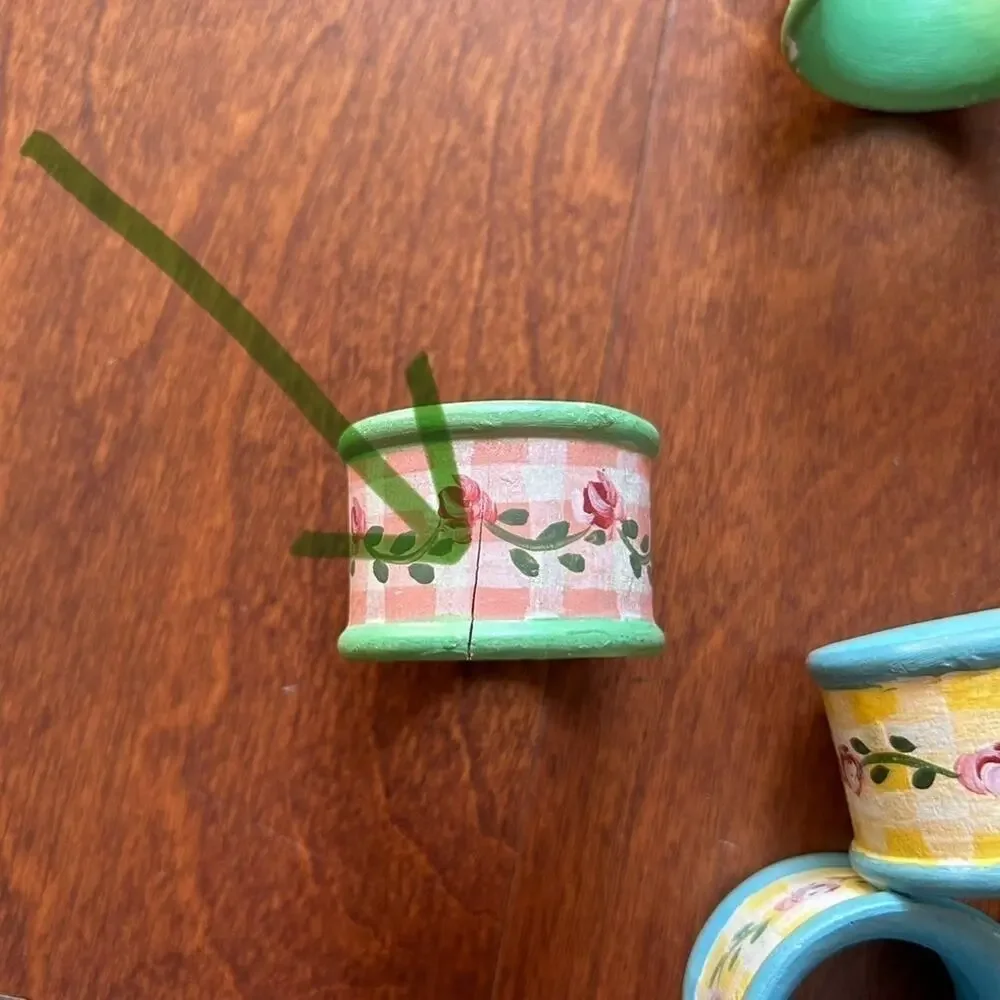 Vintage Cottagecore Hand Painted Wood Napkin Rings, Floral Paytern, Set of 8